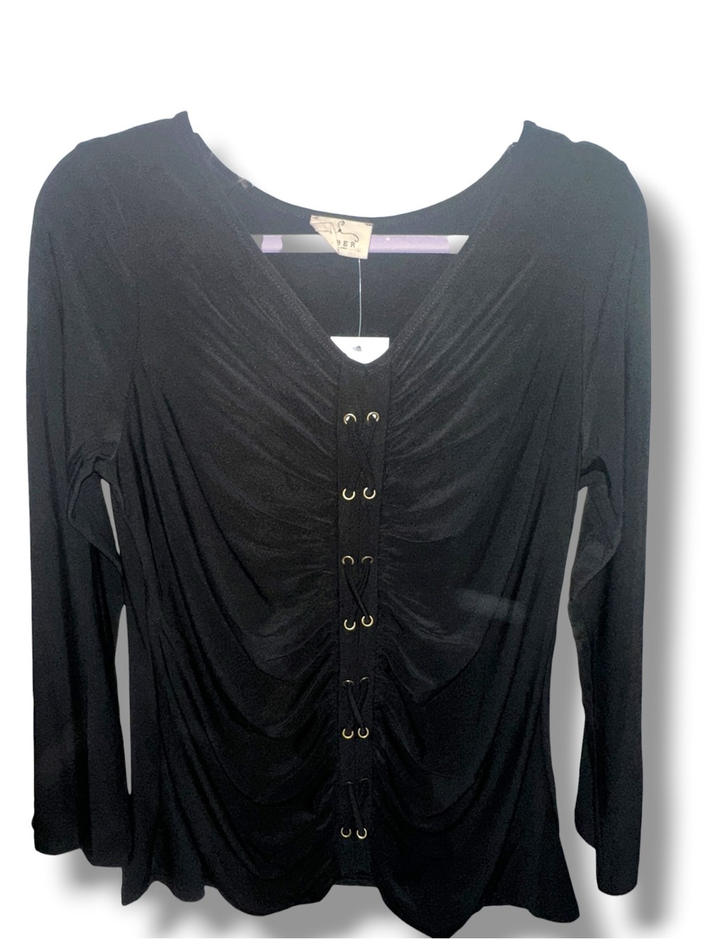 EMBER SZ XL Black V-Neck Lace-Up Ruched Women’s Top Corset Style Goth Eclectic - Picture 2 of 8